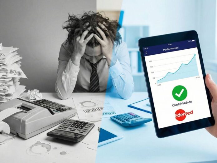 Comparativo entre gestão de frete manual com papéis e gestão automatizada com tablet, ilustrando como evitar erros na logística.