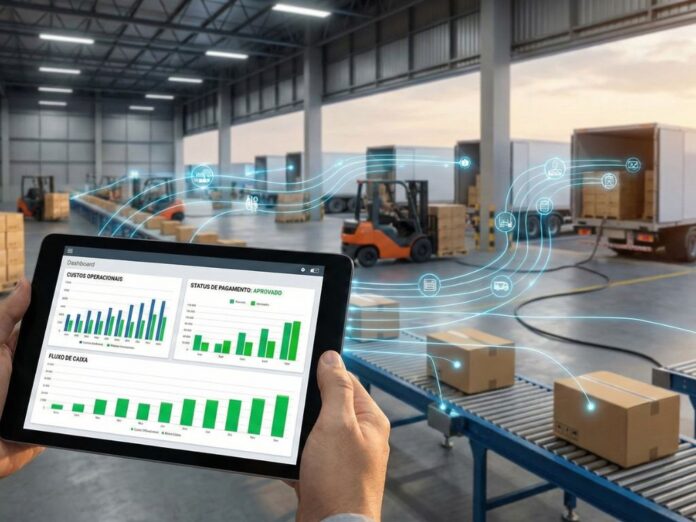 Dashboard de gestão financeira de frete em tablet, com operação logística ao fundo, ilustrando a tecnologia na gestão de frete.