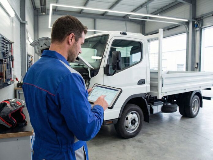 Profissional realizando vistoria digital em veículo utilitário, mostrando como a tecnologia resolve os principais desafios da manutenção de frotas e otimiza a gestão.