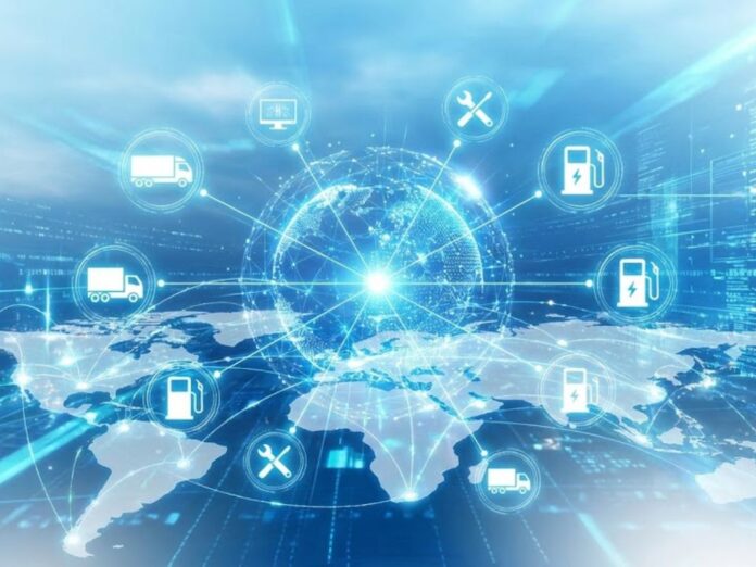 Representação gráfica de conexões logísticas e fluxo de dados, ilustrando o impacto da tecnologia na economia em transporte e gestão de frotas em 2026.