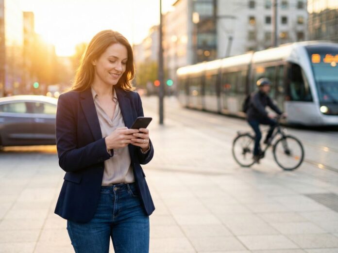 Colaborador utilizando aplicativo de gestão de mobilidade corporativa em ambiente urbano com diversos meios de transporte ao fundo.