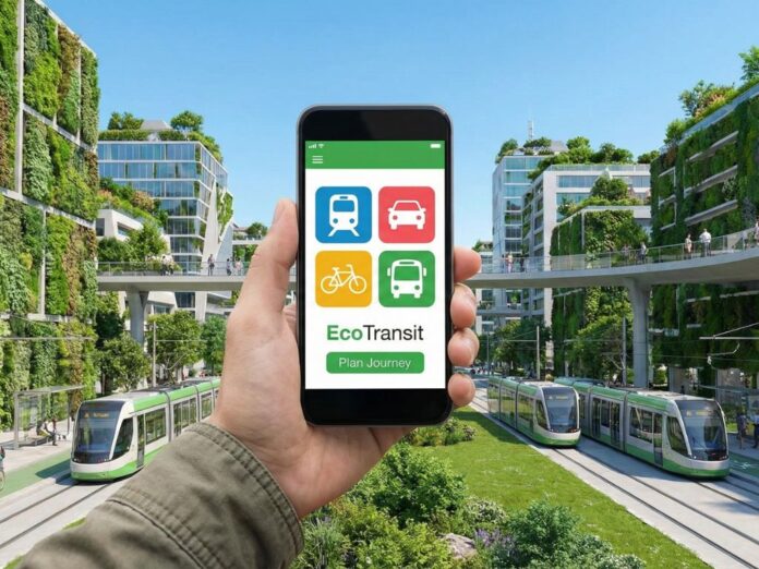 Conceito de Mobilidade como Serviço (MaaS) mostrando a integração de diferentes transportes em um único aplicativo celular.