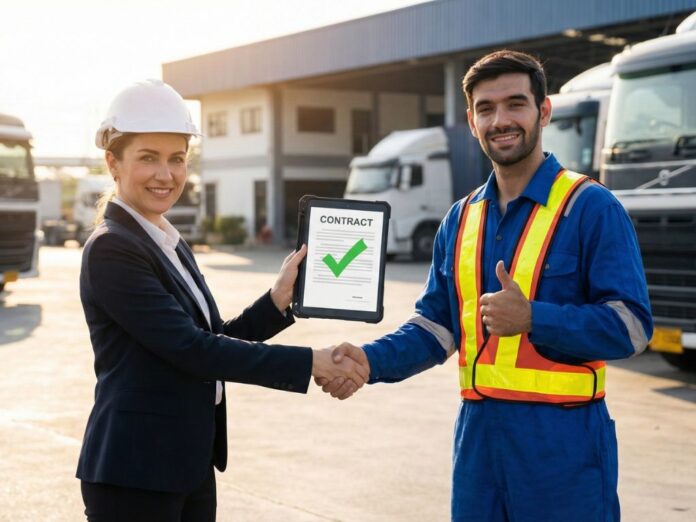 Gestor e motorista validando a política de frota da empresa, garantindo alinhamento sobre regras de conduta e segurança.