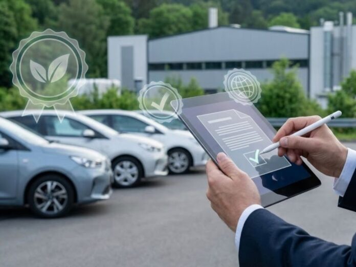 Auditor validando processos para certificação ambiental, garantindo conformidade com ESG e sustentabilidade empresarial.