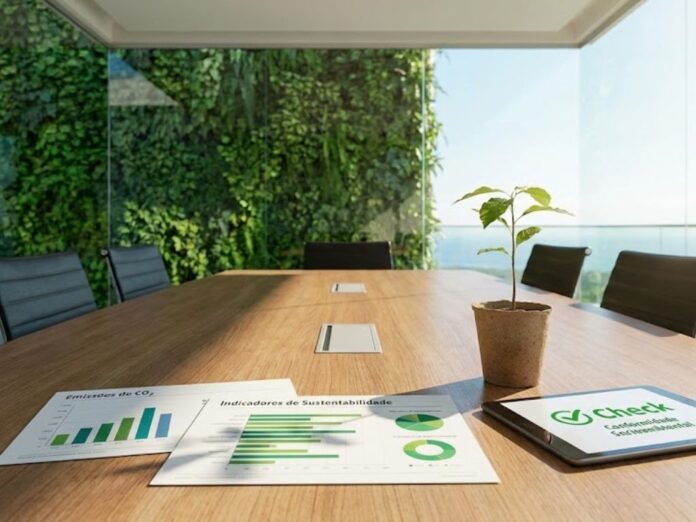 Relatórios corporativos de indicadores ESG, ilustrando a aplicação prática do compliance ambiental nas estratégias de negócios e governança.