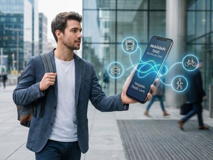 Colaborador utilizando um aplicativo no celular para escolher sua rota, ilustrando o conceito de Mobilidade omnichannel no pacote de benefícios do RH.