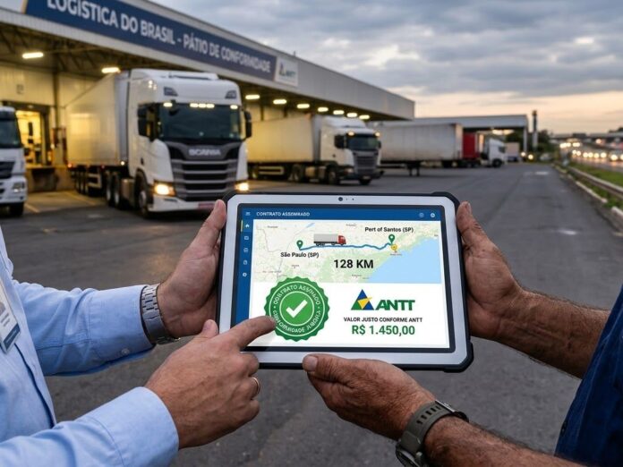 Gestor e caminhoneiro conferindo os valores da rota em um tablet, ilustrando o cumprimento do piso mínimo de frete da ANTT.