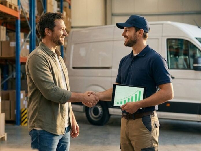 Pequeno empresário analisando vantagens de terceirizar frota, com foco na gestão eficiente de manutenção e redução de custos.