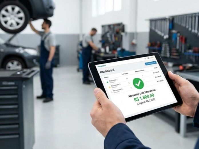 Gestor de frotas utilizando tablet para aprovar orçamentos, ilustrando como a auditoria reduz desperdícios na manutenção de veículos.