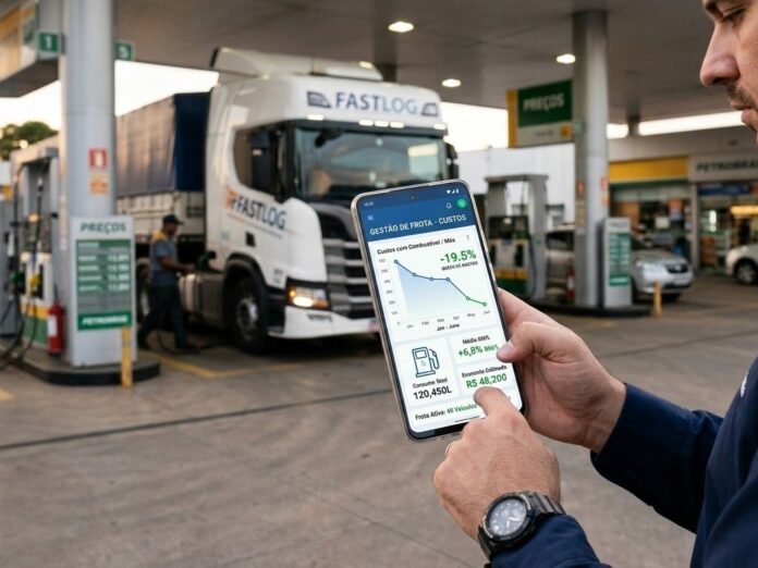 Aplicativo de gestão de frotas em um smartphone mostrando gráficos de redução de despesas, ilustrando como gerenciar custos de combustível no dia a dia.