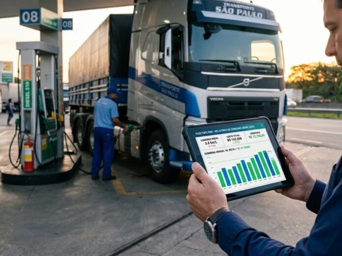 Gestor de frotas analisando dados de consumo de um veículo no tablet, ilustrando a otimização e a gestão de combustível de frota.
