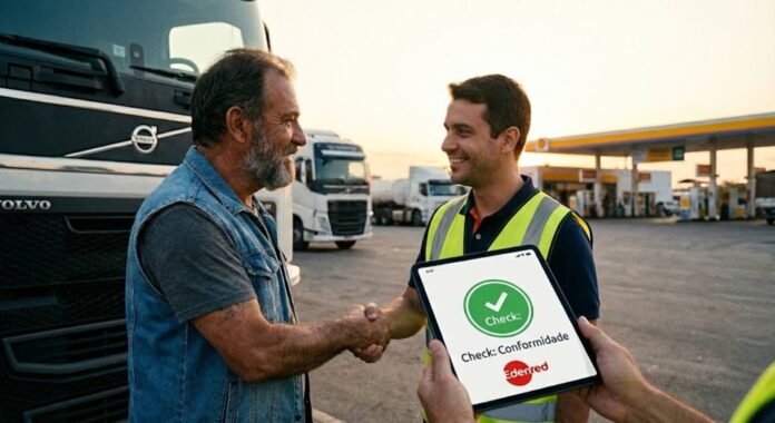 Caminhoneiro e gestor de logística conferindo valores garantidos pela Lei do frete mínimo através de um aplicativo de gestão de frete.