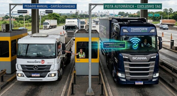 Comparativo entre caminhão parado pagando com cartão na cabine manual e veículo passando rapidamente pela pista automática usando tag de pedágio corporativa.