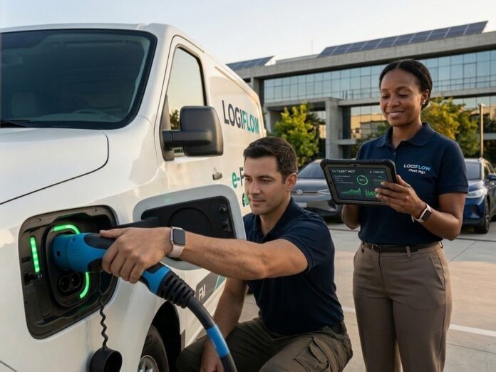 Veículo corporativo sendo conectado a uma estação de recarga de veículos elétricos, ilustrando a modernização e a gestão do abastecimento da frota.