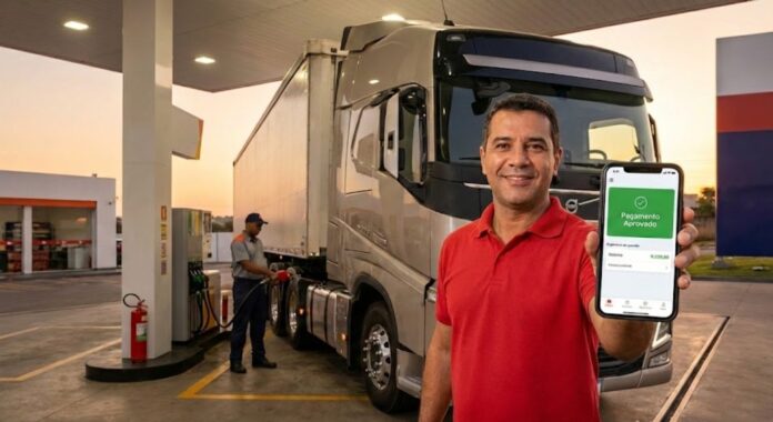 Caminhoneiro utilizando aplicativo de gestão de frete para reduzir despesas de transporte e controlar custos na estrada.