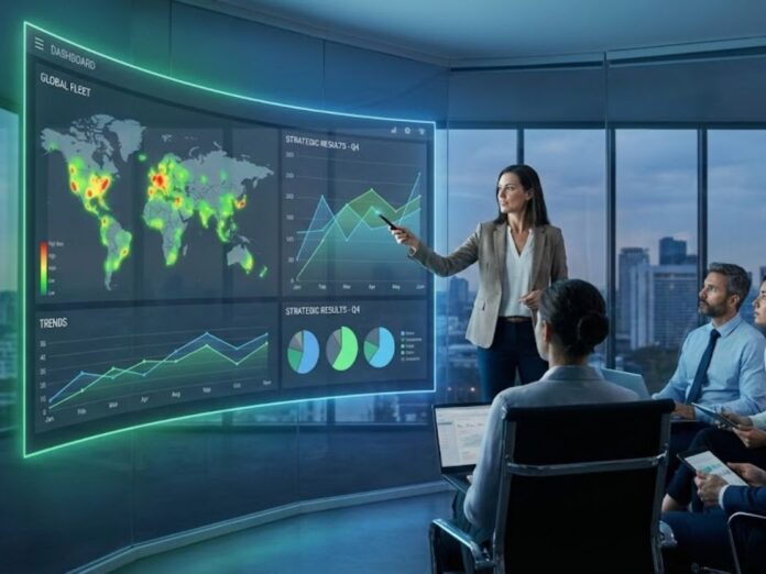 Gestor apresentando plano de visão estratégica na gestão de frotas com base em dados do Edenred GoHub, focando em eficiência e redução de custos.