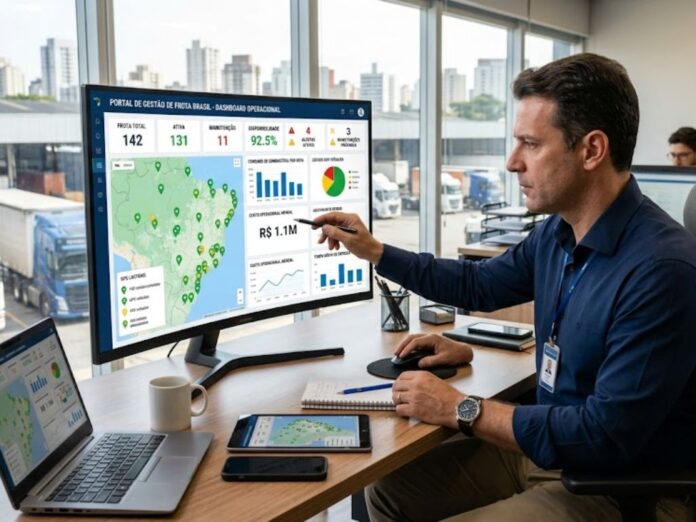 Gestor analisando painel digital com indicadores de desempenho, rotas e dados de abastecimento da frota em tempo real prevendo as tendências na gestão de frota.