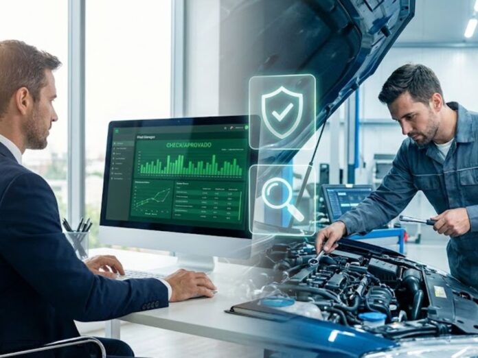 Gestor analisando dados de auditoria e compliance na manutenção preventiva, garantindo conformidade e segurança na frota.