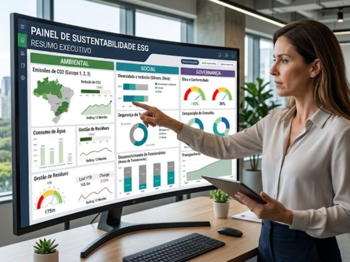 Gerente analisando o dashboard de sustentabilidade e vendo o que é preciso para mudar o patamar na empresa.